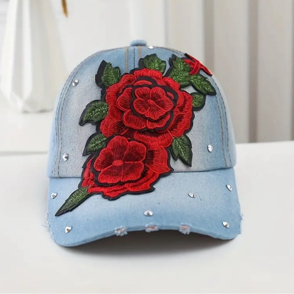 Denim Baseball Cap with Embroidered Peony and Rhinestone - Picture 2 of 3